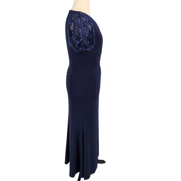 Lauren Ralph Lauren Sequined Puff Sleeve Evening Dress Gown Size 8 Navy Blue - Picture 6 of 7